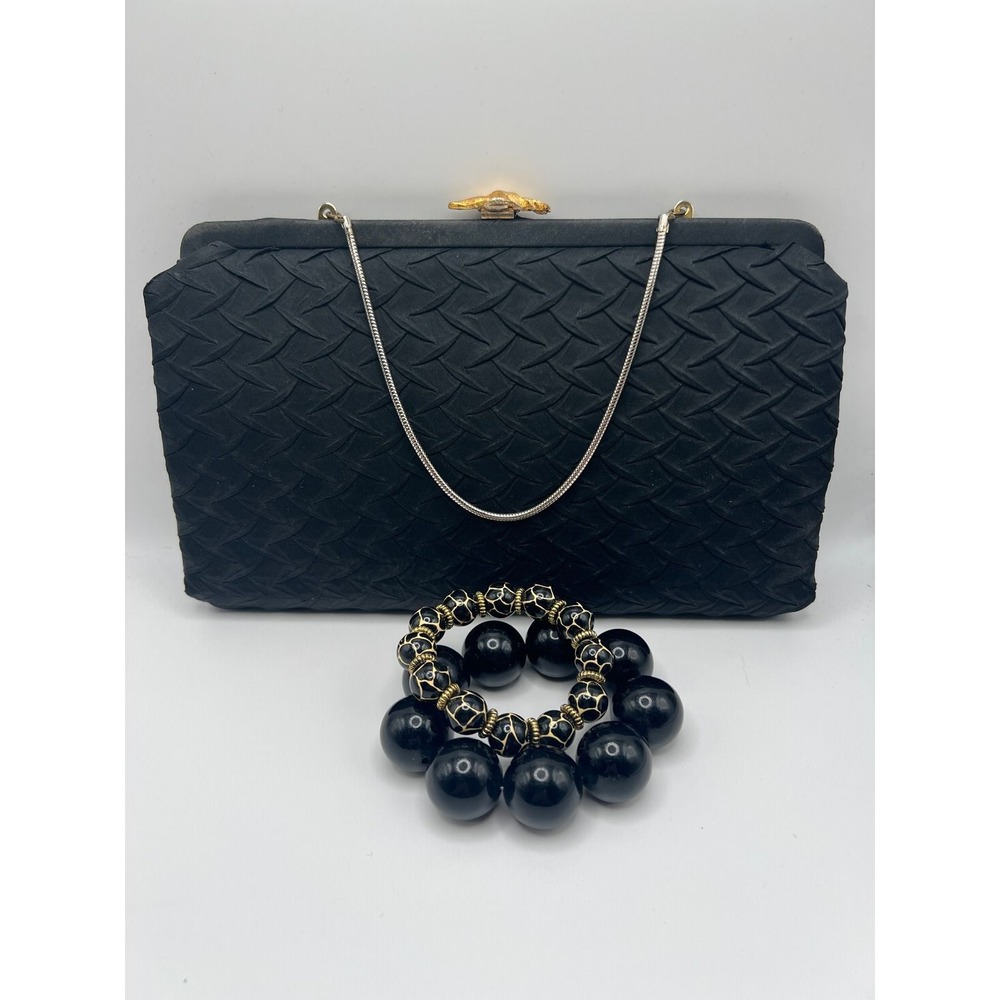 After Five Vintage Clutch Purse Set Glam Old Hollywood‎ Mob Wife Black Satin